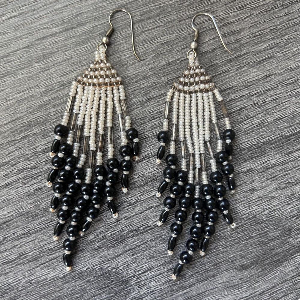 Black Silver Seed Bead Dangle Earrings Boho Fringe Handmade Style